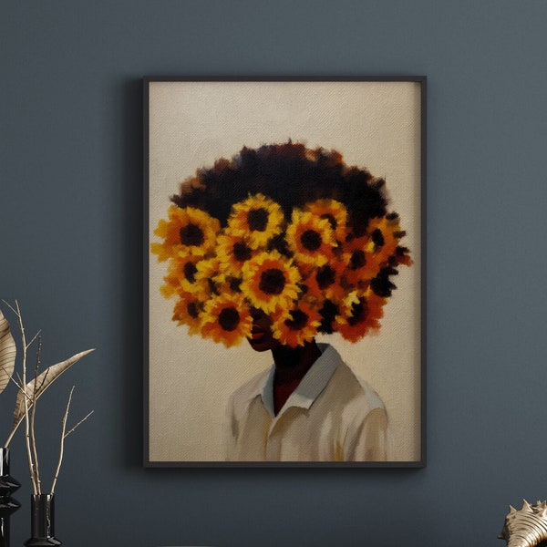 Zwarte vrouw hoofd bloemen poster | Zwart meisje kunst | Afro-Amerikaanse kunst | Bloemkroon kunstprint | Zwarte vrouw kunst | [Frame niet inbegrepen]