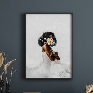 Black art poster, black woman, head flowers, wall art, black girl print, print poster, a3 poster