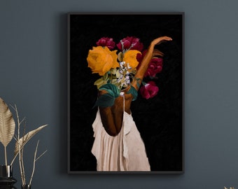 Black Woman Art Print: Floral Headpiece, Fine Art Paper Poster