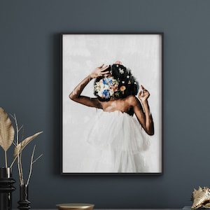 Schwarze Frau Kunst Poster, schwarze Frau, Kopf Blumen, Wandkunst, schwarze Mädchen Druck, Print Poster, Blumen Kunst