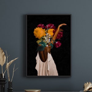 Schwarzes Kunstplakat, schwarze Frau, Kopfblumen, Wandkunst, schwarzes Mädchendruck, Druckplakat