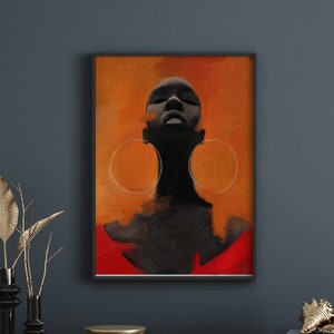 Art de la femme noire | Art mural orange | Art afro-américain | Art noir | Décoration d'intérieur [Cadre non inclus]