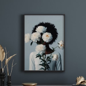 Black woman art poster, black woman, head flowers, wall art, black girl print, print poster, flowers art
