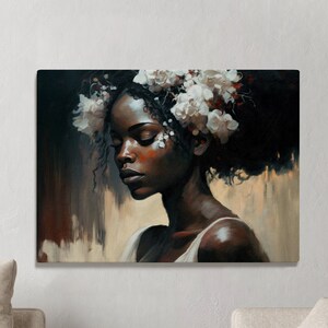 Black woman head flowers wall art, Large wall art, flower woman poster, Black art, Black girl print, Horizontal  Wall Art