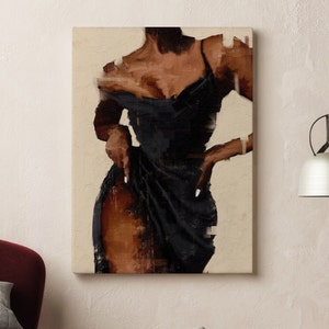 Schwarze Frau im Kleid, schwarze Kunst, schwarzes Kleid, Boho Frau Kunst, Afro-amerikanische Kunst, Abstrakter weiblicher Druck, schwarzes Mädchen Druck
