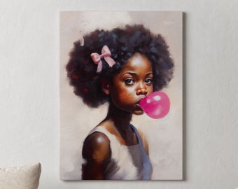 Black girl portrait, Black child art, wall art,  Boho Woman art, Afro American art , woman canvas art, Black girl print, Bubble gum art