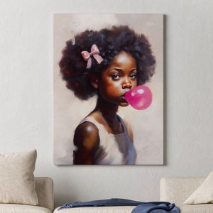 Black girl portrait, Black child art, wall art,  Boho Woman art, Afro American art , woman canvas art, Black girl print, Bubble gum art