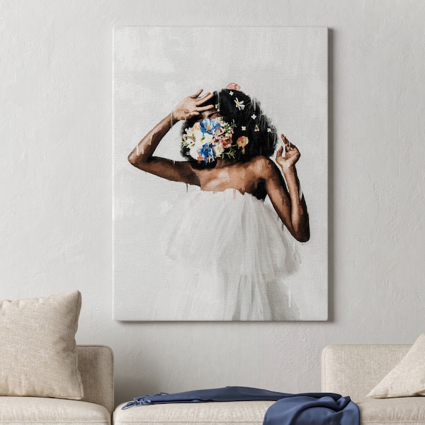 Black woman head flowers  canvas wall art, African American art, Black art, Black girl print, White art, home print, wall decor