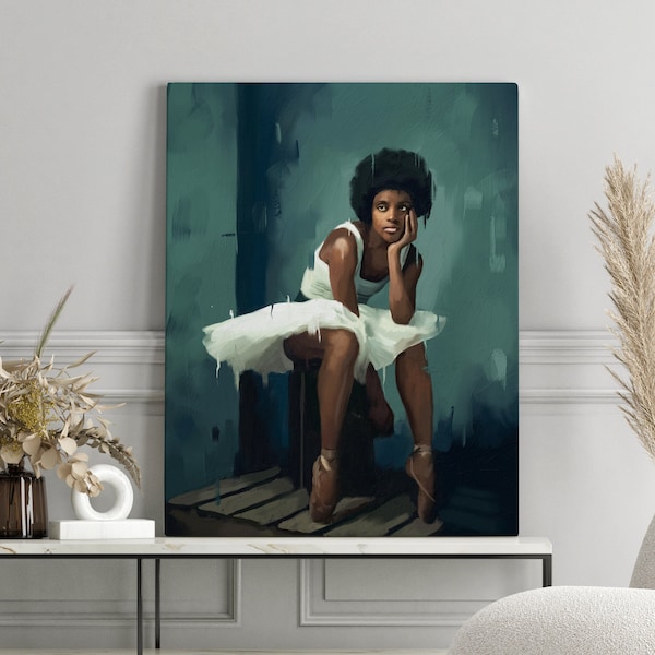 Schwarze Ballerina Kunstdruck, physischer Druck, schwarze Kunst, afroamerikanische Tänzerin, Wandkunst auf Leinwand, schwarzes Mädchen Kunst Leinwand