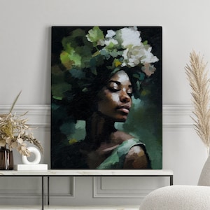 Schwarze Blumen Wandkunst, afroamerikanische Kunst, Blumenfrau Leinwand, schwarze Kunst, schwarzes Mädchen Druck, Wandkunst Malerei