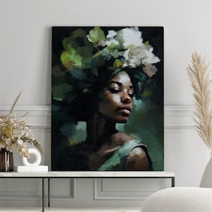 Black woman head flowers wall art, African American art, flower woman canvas, Black art, Black girl print, Wall art painting