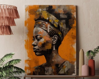 African woman art, Wall print canvas, Orange wall art, Boho Woman print, Afro American art , Abstract Female Print, Wall Hangings