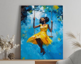 Blue wall art, Black woman flowers wall art, wall art living room, African American art, Black art, Black girl print, modern wall art