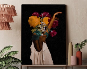 Black woman head flowers wall art, African American art, Black art, Black girl print, Woman Art Decor, beauty black woman