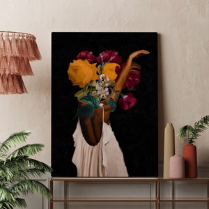 Schwarze Frau Kopf Blumen Wandkunst, afroamerikanische Kunst, schwarze Kunst, schwarzes Mädchen Druck, Frau Kunst Dekor, Schönheit schwarze Frau
