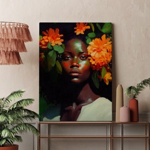 Schwarze Frau Kopf Blumen Wandkunst, afroamerikanische Kunst, schwarze Kunst, schwarzes Mädchen Druck, Wandkunst, Boho Kunst schwarze Frau