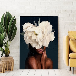 Black women art, black flowers head, black art, african american art, Black art canvas, wall art, black women canvas, wall art