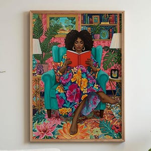 Black Woman Reading, Vibrant Home Decor Poster, Tropical Reading Art, Colorful Wall Art, Bohemian Decor, Gift for Book Lovers