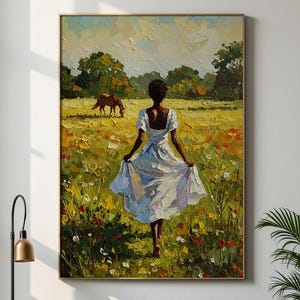 Black Woman Art Print: Textured Oil Painting, Country Field Scene
