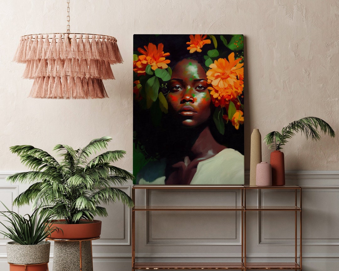 Black Woman Head Flowers Wall Art, African American Art, Black Art ...