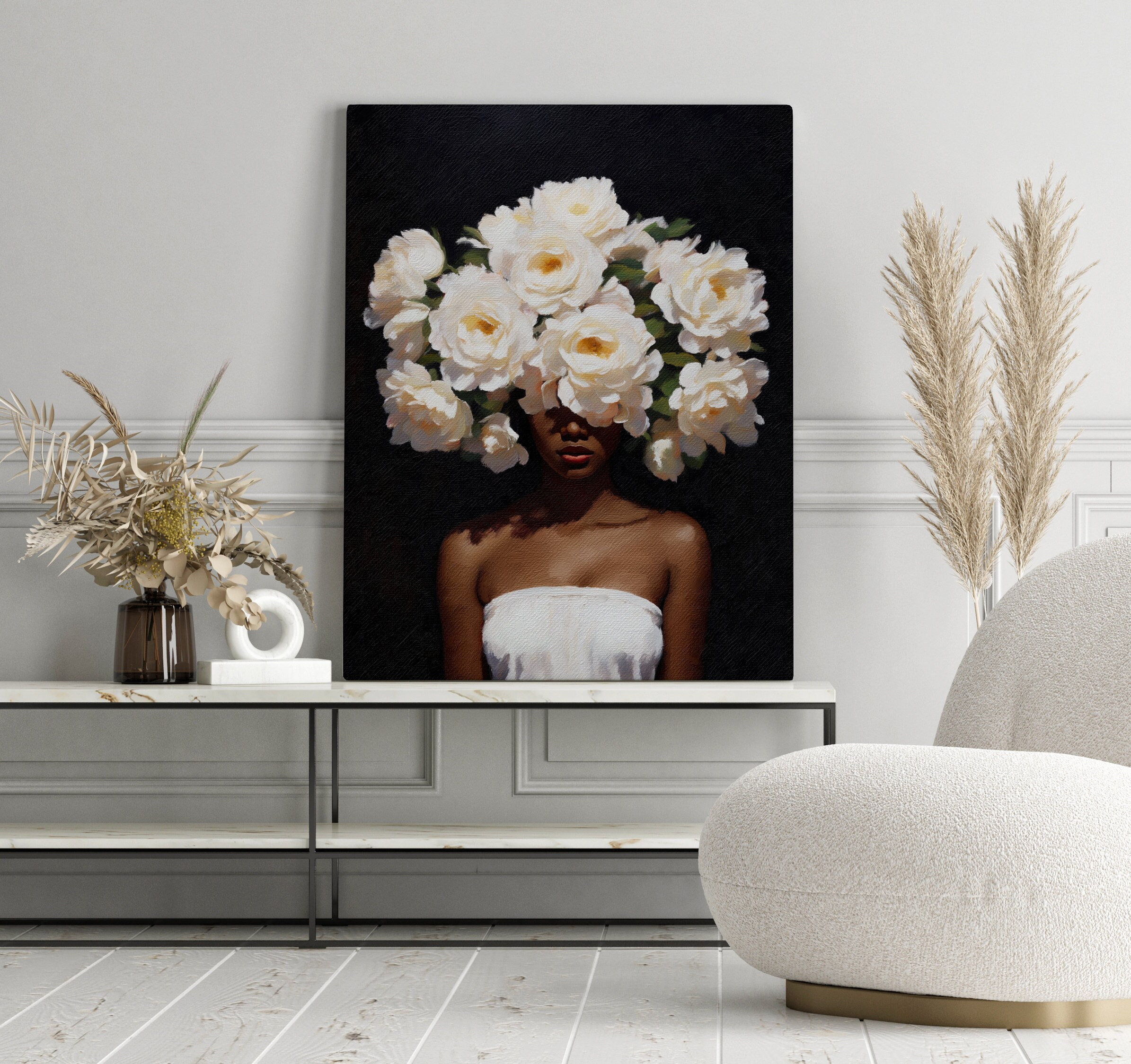 Black woman head flowers, Black girl wall art, black woman, Black art prints, Black art canvas wall art, African american art, Black artist