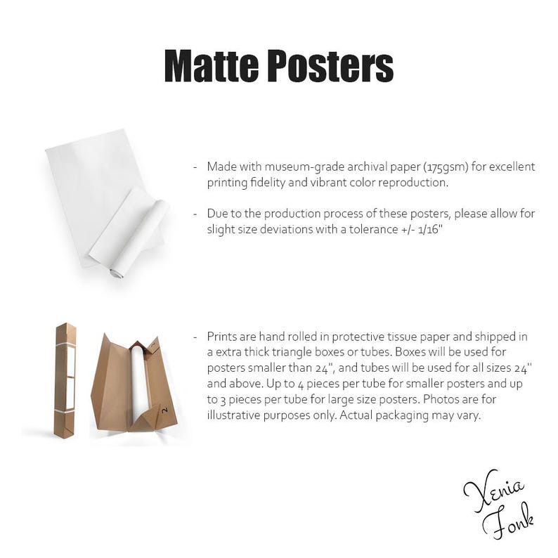 Op de afbeelding: Matte posters worden gedrukt op museumkwaliteit archiefpapier met een gewicht van 175 g/m&sup2;. De posters worden met de hand gerold in beschermend tissuepapier en verzonden in dozen of buizen. De tekst op de afbeelding luidt: "Gemaakt met museumkwaliteit archiefpapier (175 g/m&sup2;) voor uitstekende afdrukkwaliteit en levendige kleurweergave. Vanwege het productieproces van deze posters, houd rekening met kleine afwijkingen in de afmetingen met een tolerantie van +/- 1/16"  De prints worden met de hand gerold in beschermend tissuepapier en verzonden in extra dikke driehoekige dozen of buizen. Dozen worden gebruikt voor posters kleiner dan 24", en buizen worden gebruikt voor alle maten van 24" en groter. Maximaal 4 stuks per buis voor kleinere posters en maximaal 3 stuks per buis voor grote posters. Foto's zijn alleen ter illustratie. De werkelijke verpakking kan vari&euml;ren."