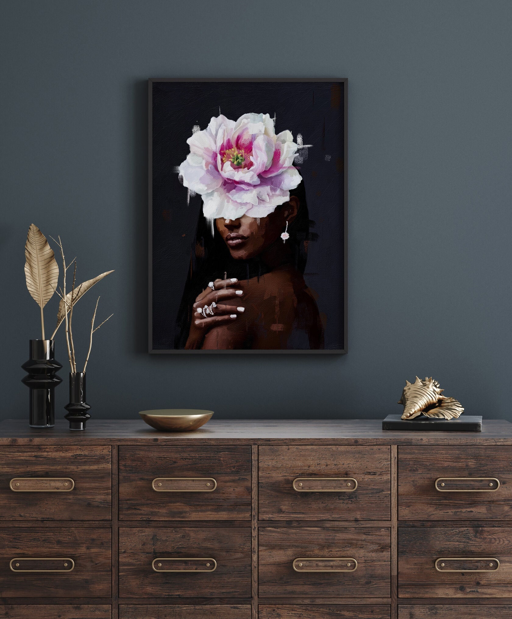 Black Woman Floral Headpiece Art Print: Afro Fashion Wall Decor