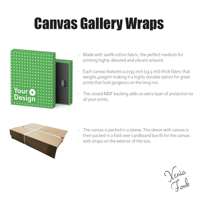 Op de afbeelding: Een groene canvas gallery wrap met de tekst "Your Design" in wit. Het canvas is gemaakt van 100% katoen en is 0,0135 inch dik. Het canvas wordt verpakt in een hoes en vervolgens in een kartonnen doos.