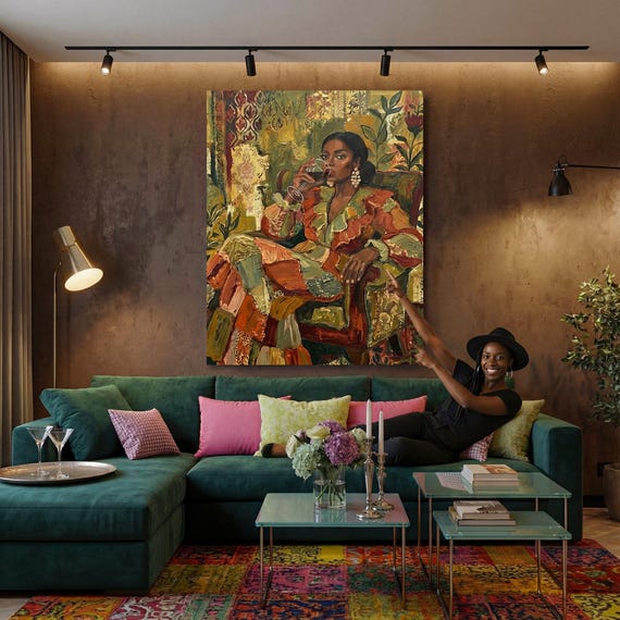 Black Woman Wine Art African American Portrait Luxury Fashion Canvas Print