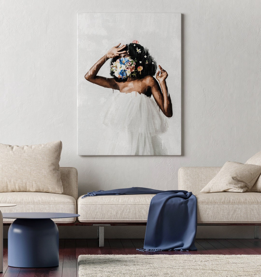 Black Woman Head Flowers Canvas Wall Art, African American Art, Black ...