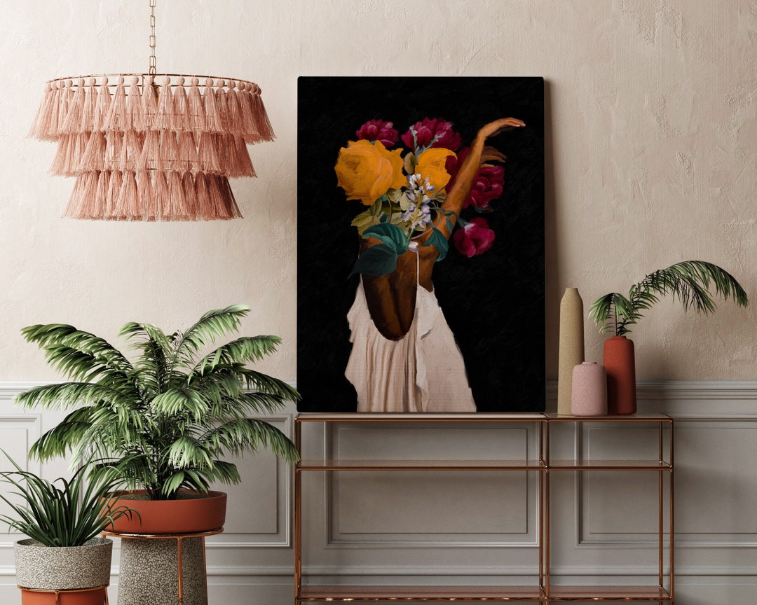Black Woman Head Flowers Wall Art, African American Art, Black Art ...