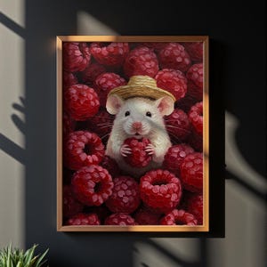 Skurrile Maus Kunst | Weiße Maus auf Himbeeren Illustration Druck | Entzückende Haustier-Mausmalerei | Niedliche Tierliebhaber Geschenk Wanddekoration