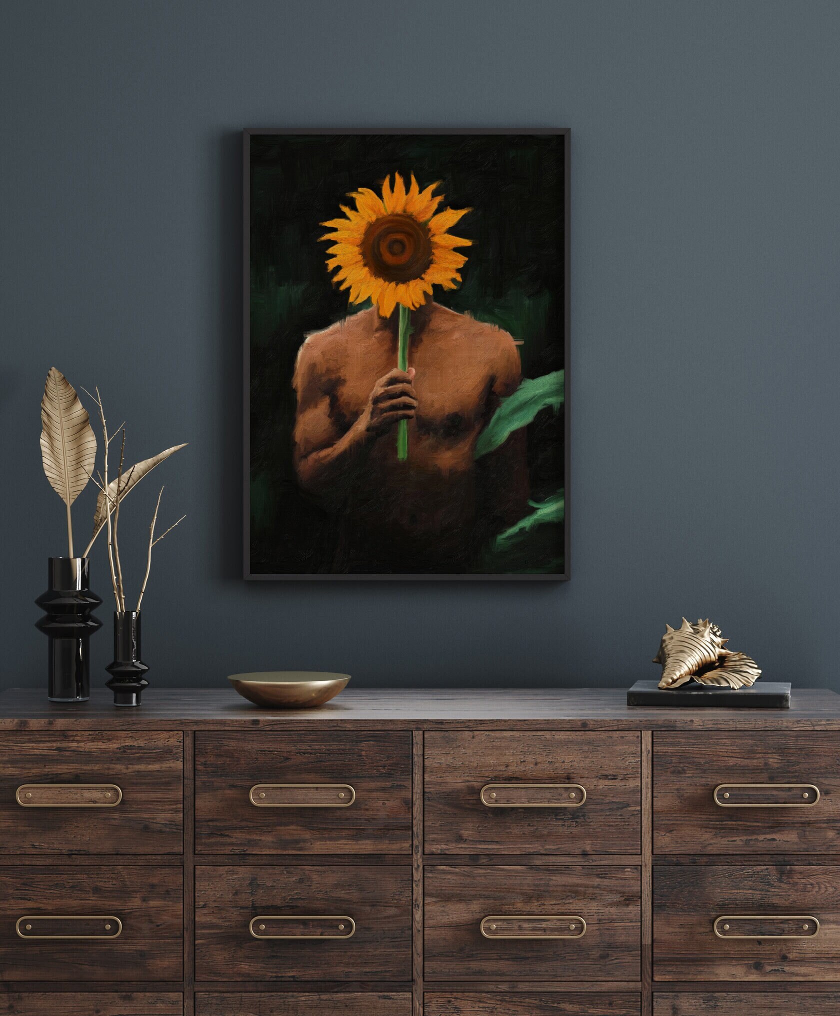 Black man with sunflowers poster | Black art | Black man | Wall Art | Wall hangings | Male art | [Frame Not Included]