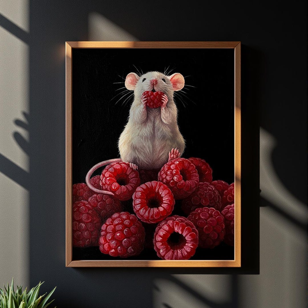 Cute Mouse Art Print | Whimsical White Mouse With Raspberries Painting ...