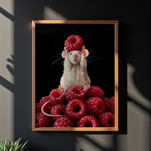 Raspberry Mouse Art Print: Whimsical Kitchen Decor