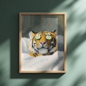 Relaxing Tiger Wall Art | Funny Spa Animal Decor | Tiger with Cucumber Eyes | Whimsical and Cozy Artwork | Unique Gift for Animal Lovers