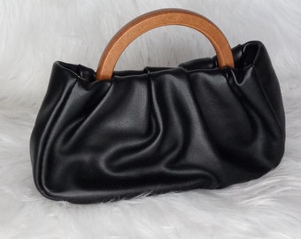 Party wedding Black Ruched  pursue  Sparkle Evening wooden handle vintage designer bag