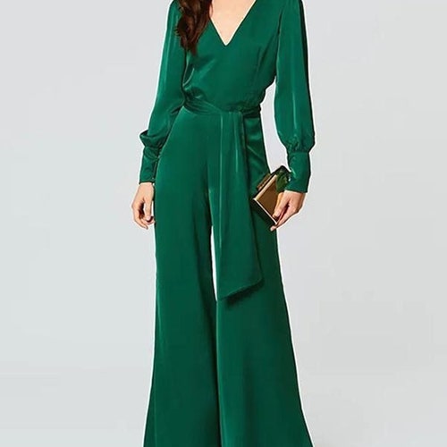 Emerald Green Silk Satin Jumpsuit Deep Vneck Jumpsuit Etsy