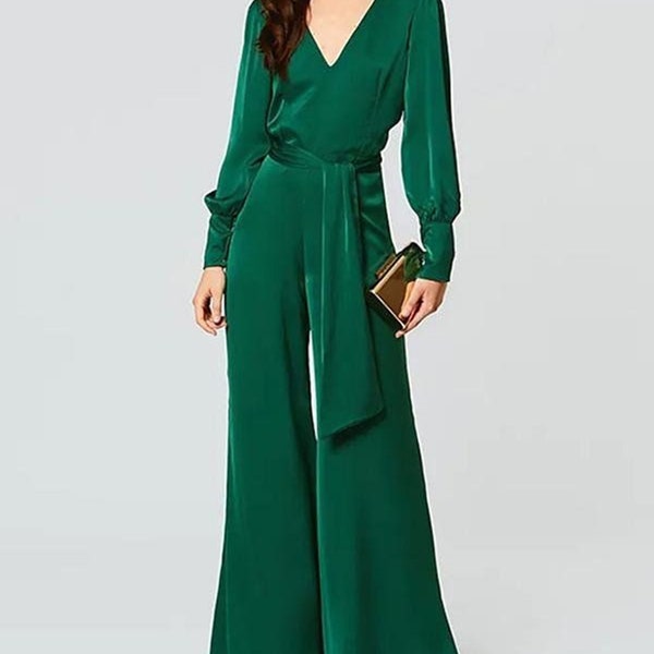 Emerald green silk satin jumpsuit , Deep V-neck jumpsuit  ,Satin jumpsuit ,Party wear dress , Proms dress, Gathering dress .