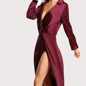 Classy wine silk satin slip drape dress , long sleeve dress , peagent dress , silky dress .