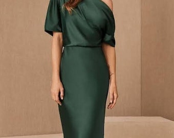 Elegent Bottle green silk satin dress , one shoulder silk dress ,