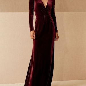 Elegent long velvet dress in maroon , long sleeve dress , cocktail gown , velvet dress , slim fit dress .