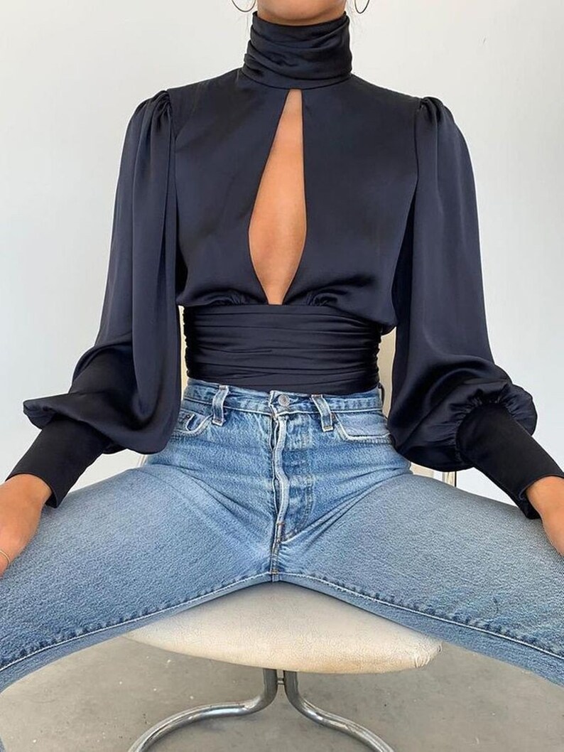 #1036 Elegant Bow Neckline Slim Top - Black