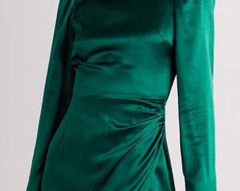 Wrap Emerald green silk slip dress , long sleeve dress , satin silk dress , bridemaid silky dresses , emerald green long dress .