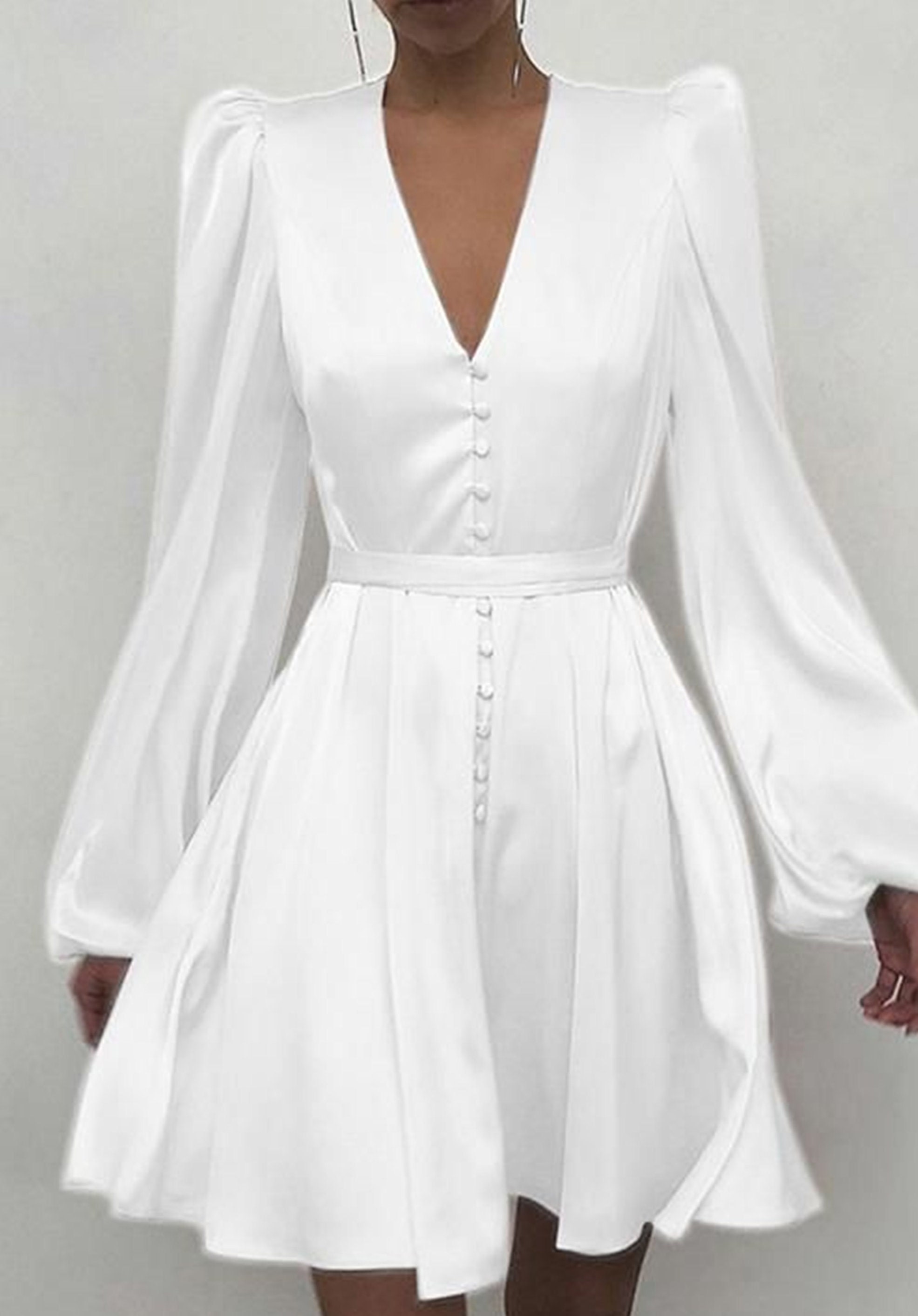 White Short Satin Dress Along With Leg O Mutton Long Sleeves . - Etsy