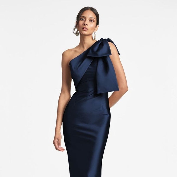 Navy blue silk gown with collar shoulder bow, bride maids gown ,party wear silk gown ,