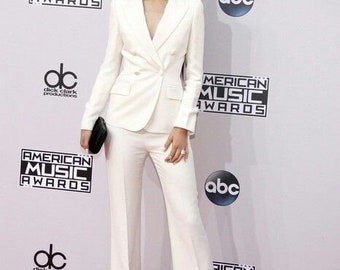 White Bell Bottom Pants Suit Set With White Blazer, Puffed Sleeve