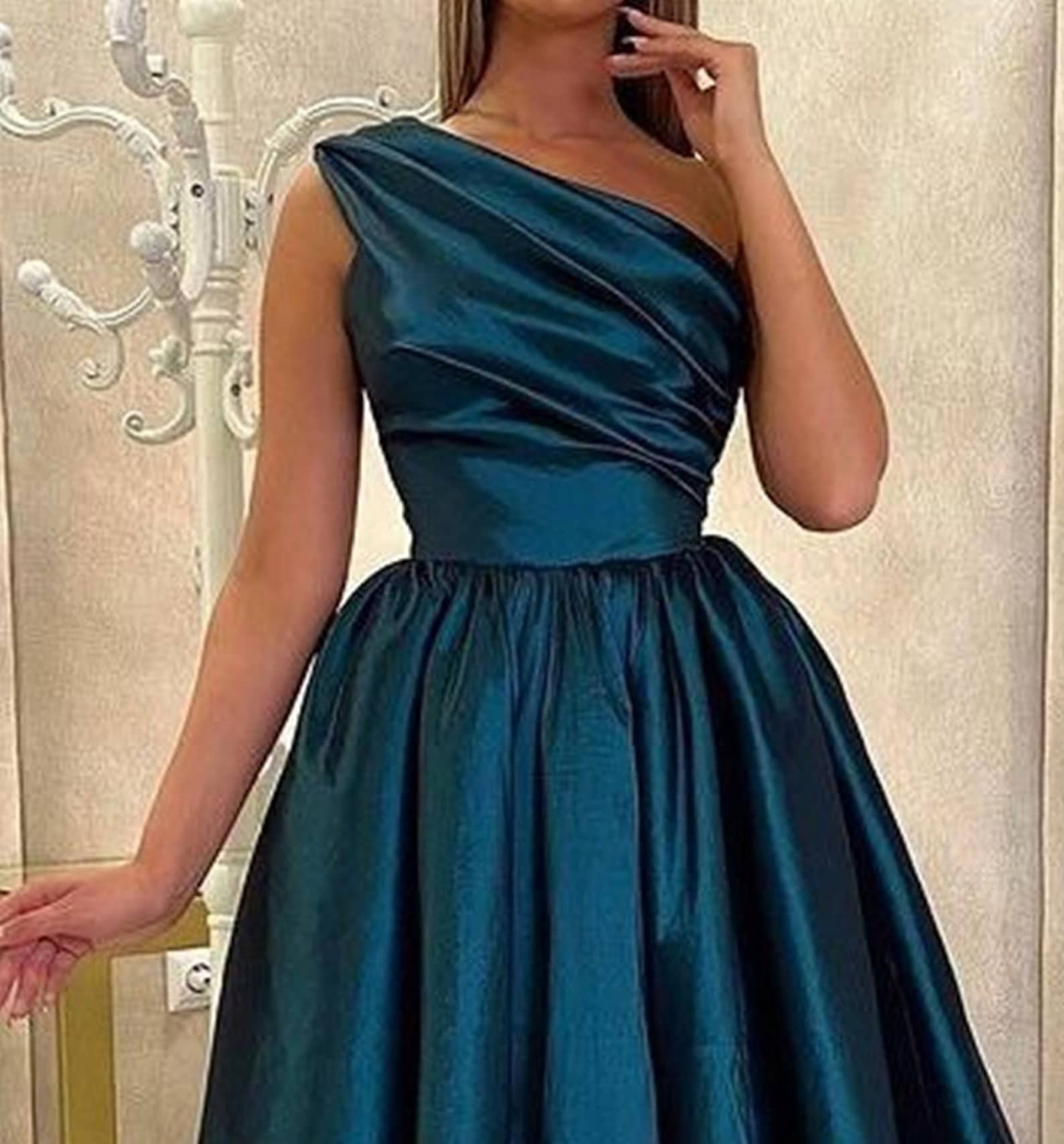 Elegent Silk Satin Peacock Blue Dress With Pleated Desing , Midi Dress