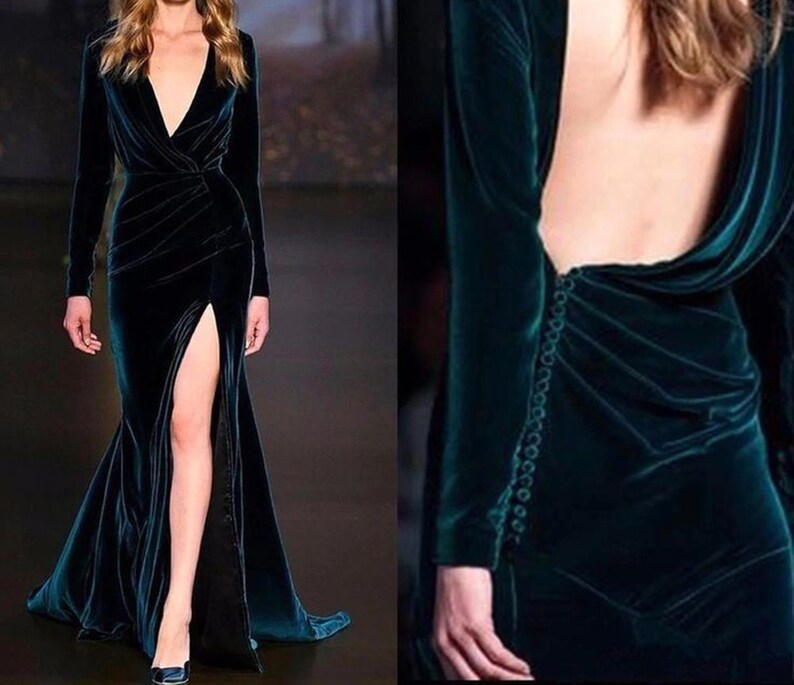 Elegent Desing Navy Blue Velvet Dress With Long Sleeves Etsy