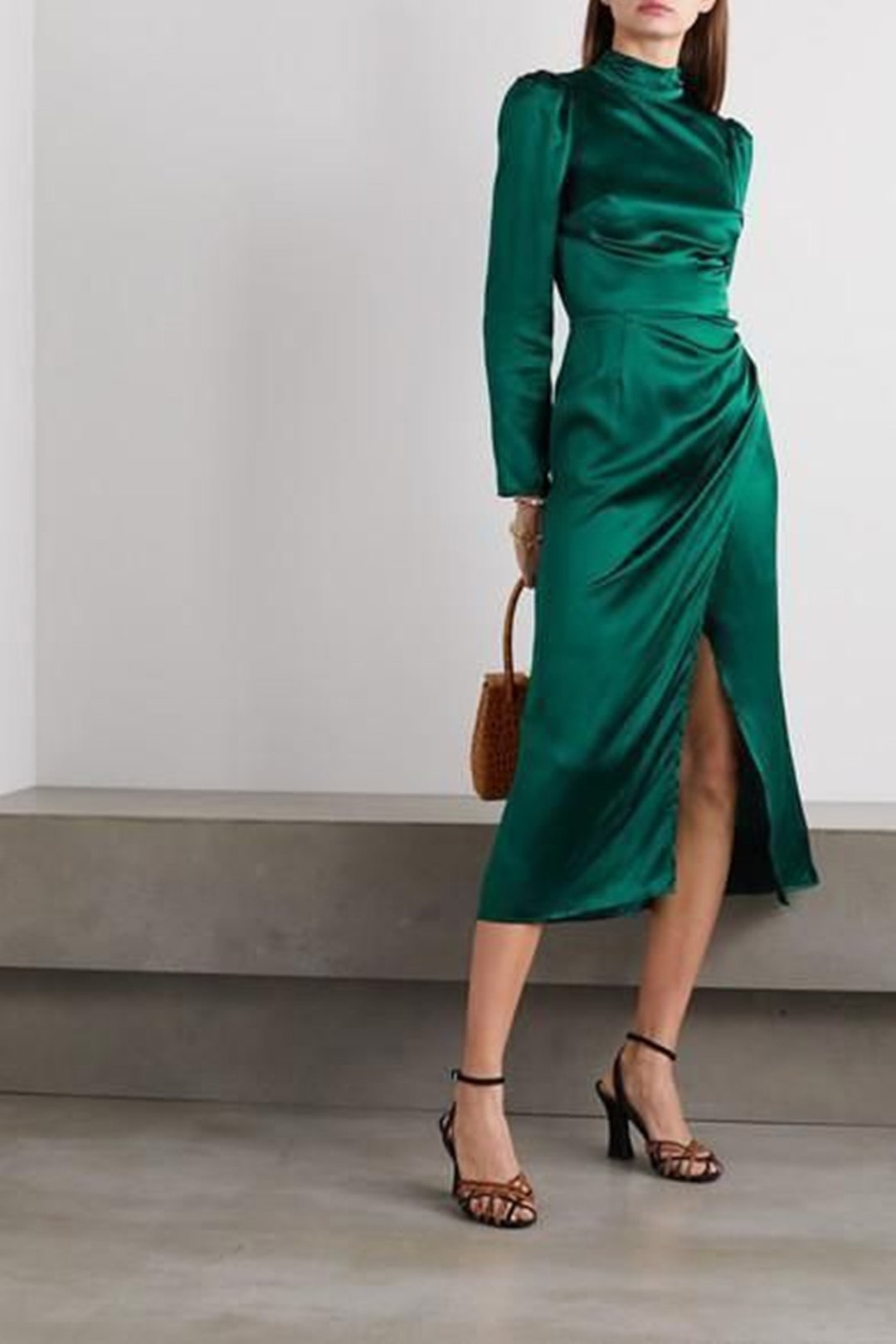 Wrap Emerald Green Silk Slip Dress Long Sleeve Dress Satin - Etsy